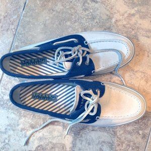 White and Navy Blue Sperry Boat Shoes
